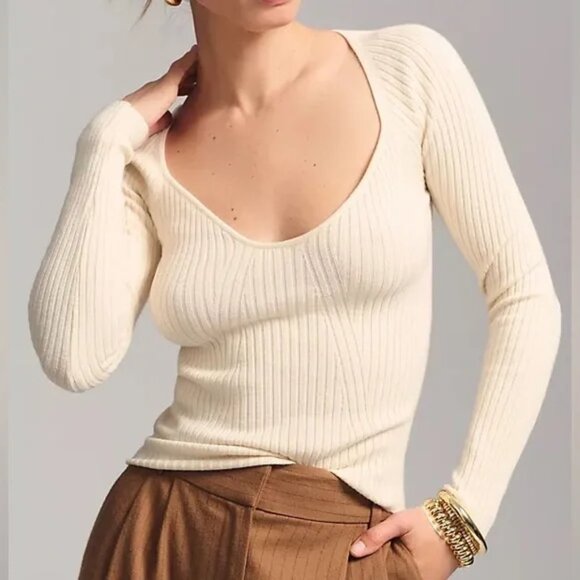 L*SPACE Camryn Ribbed Sweater Top | Size S | NWT | Cream Fitted Long Sleeve - Picture 1 of 4